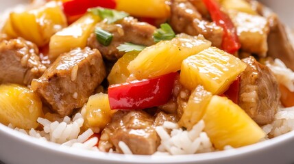 Close-up of rice and pork and pineapple stir-fry with bell peppers in a white bowl, emphasizing sweet and savory flavors. Ideal for tropical and fusion cuisine.