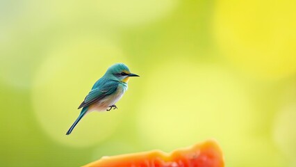 Obraz premium Vibrant Blue Bird Perched Near Ripe Papaya Fruit Tropical Nature Scene