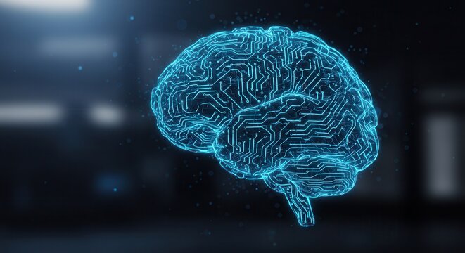Close up glowing polygonal brain hologram on blurry bokeh background. Artificial intelligence and machine learning concept.