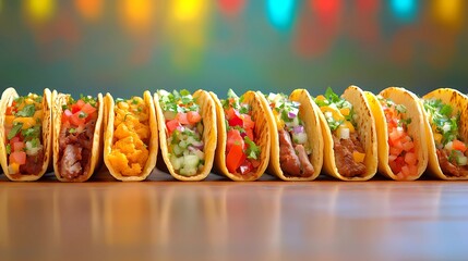 Delicious Mexican tacos with cheese, salsa, and toppings, captured in an illustrated style for culinary designs, in a whimsical cartoon style.