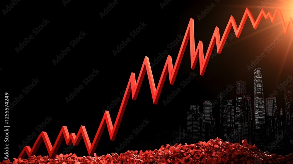 Poster a large red upward trending graph sits atop a pile of red rubble in front of a dark cityscape, illum