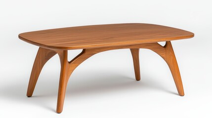 Fototapeta premium A sleek, modern wooden coffee table with an elegant design, featuring a smooth finish and distinctive curved legs.