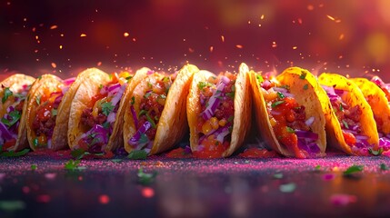 Delicious Mexican tacos with cheese, salsa, and toppings, captured in an illustrated style for culinary designs, in a whimsical cartoon style.