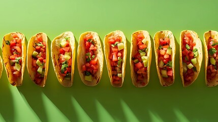 Delicious Mexican tacos with cheese, salsa, and toppings, captured in an illustrated style for culinary designs, in a whimsical cartoon style.