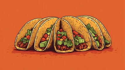 Delicious Mexican tacos with cheese, salsa, and toppings, captured in an illustrated style for culinary designs, in a whimsical cartoon style.