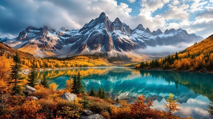 Stunning Autumnal Mountain Lake Reflecting Snowy Peaks.