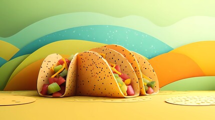 Delicious Mexican tacos with cheese, salsa, and toppings, captured in an illustrated style for culinary designs, in a whimsical cartoon style.