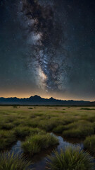 Milky Way over Grassland: A breathtaking panoramic view of the Milky Way galaxy arching majestically over a tranquil grassland at night, silhouetted against the dark sky and mountains in the distance.