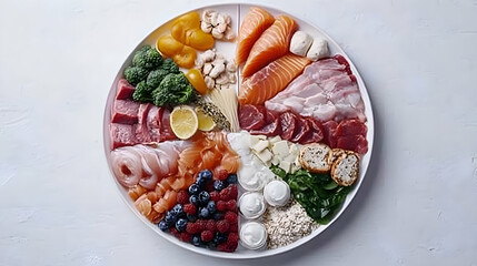Balanced diet plate with various foods salmon, beef, chicken, broccoli, berries, cheese, and more.  Perfect for health, nutrition, and wellness concepts.