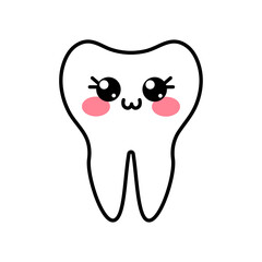 Kawaii tooth with smiling face. Adorable cute outline illustration isolated on white background