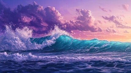 Dramatic tsunami wave crashing with foam against a stormy sea and stunning purple sunset sky