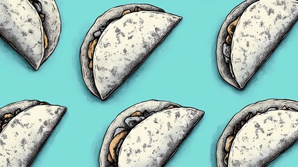 Delicious Mexican tacos with cheese, salsa, and toppings, captured in an illustrated style for culinary designs, in a whimsical cartoon style.