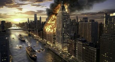 Obraz premium Massive fire engulfs iconic skyscraper in city dramatic urban landscape night scene catastrophe