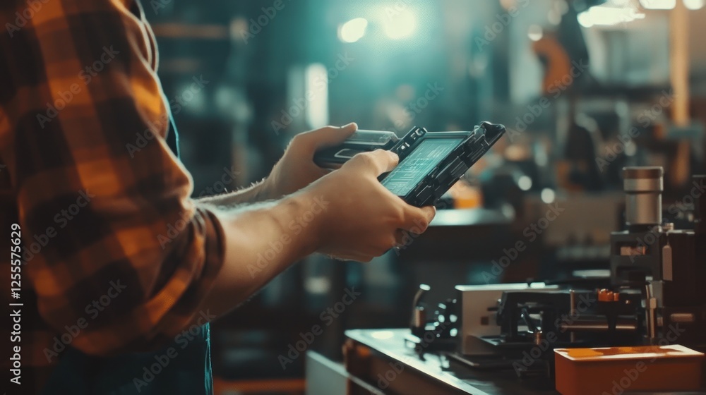Poster engineer inspecting machinery using a digital tablet in a workshop setting