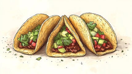 Delicious Mexican tacos with cheese, salsa, and toppings, captured in an illustrated style for culinary designs, in a whimsical cartoon style.