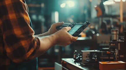 Engineer inspecting machinery using a digital tablet in a workshop setting