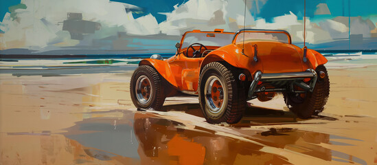 Painting of a cool bright orange dune buggy parked on a sandy beach.