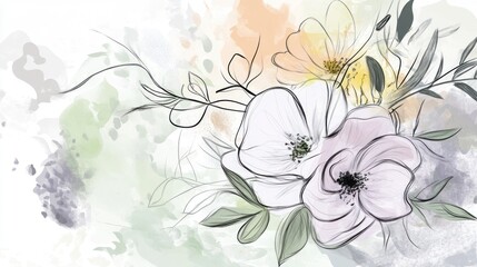 Elegant watercolor floral arrangement with delicate sketch outlines design