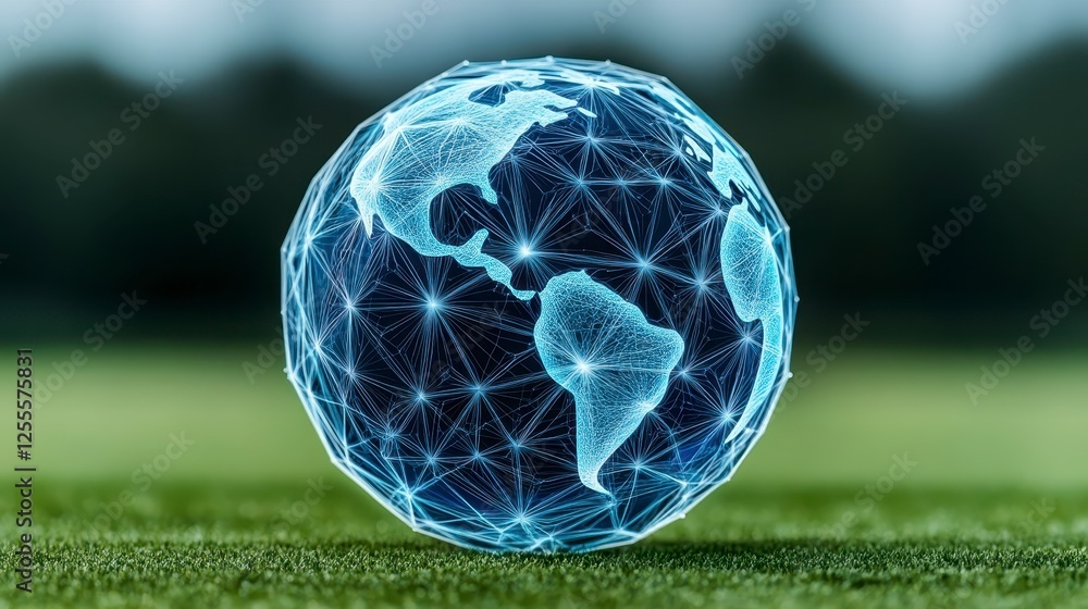 Poster a stylized, digital representation of a planet, appearing as a polygon sphere with a network of glow