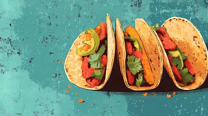 Delicious Mexican tacos with cheese, salsa, and toppings, captured in an illustrated style for culinary designs, in a whimsical cartoon style.