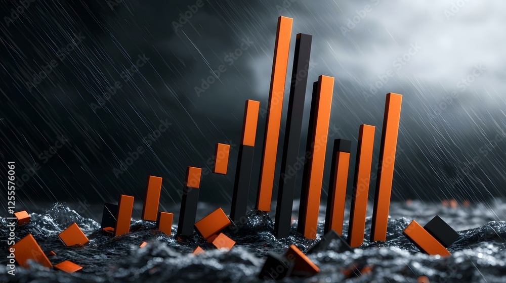 Poster a 3d rendering depicts an abstract bar graph composed of orange and black bars sinking in dark, turb