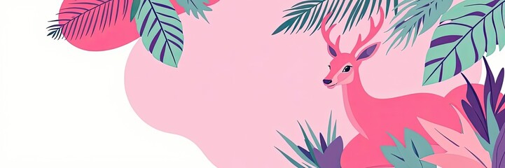 Naklejka premium Pink Deer in Tropical Leaves Summer Pastel Animal Illustration Design