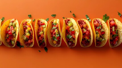 Delicious Mexican tacos with cheese, salsa, and toppings, captured in an illustrated style for culinary designs, in a whimsical cartoon style.