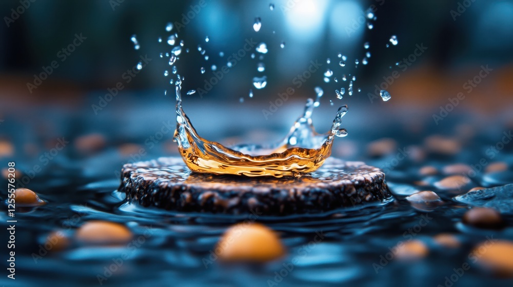 Aufkleber water droplets create a beautiful splash on a circular stone surface surrounded by shimmering reflec