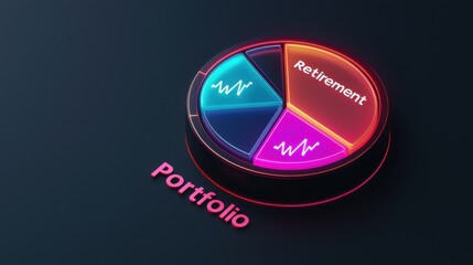 Personal Finance Management concept. A vibrant pie chart illustrating portfolio allocation, highlighting sections for Retirement and investment strategies.
