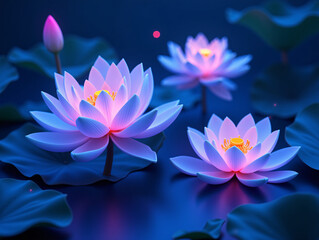 Magic glowing water lily, close up of beautiful lotus flowers and green leaves on pond background