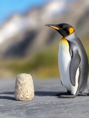 Penguin standing with rock on rocky landscape against mountainous backdrop