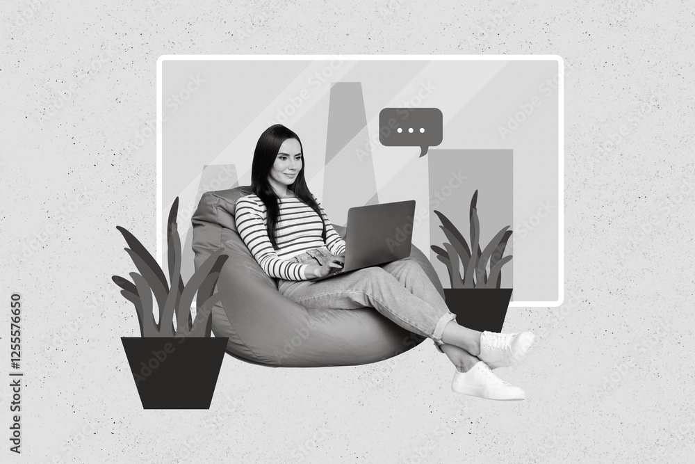 Aufkleber Composite collage image of pretty nice girl sitting beanbag use netbook chatting texting isolated on drawing home interior background