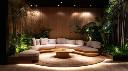 Modern reception area with minimalist furniture, soft lighting, and natural elements like wood and plants