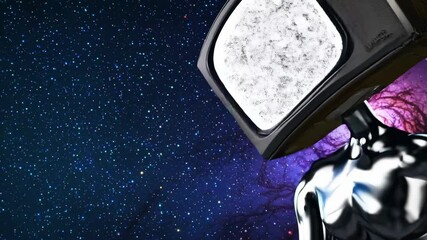 Two metallic androids with old televisions instead of heads are walking through space with a galaxy and stars in the background, representing the concept of mass media influence