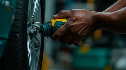 Man using power tool to fix tire in an automotive workshop environment