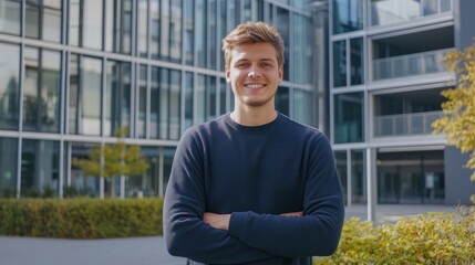 Confident young professional standing outside modern office building smiling