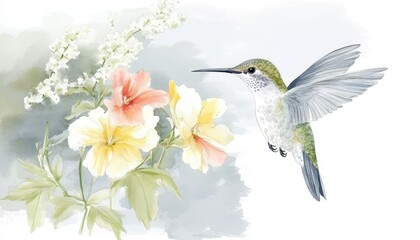 Hummingbird in flight near vibrant flowers in a serene garden setting