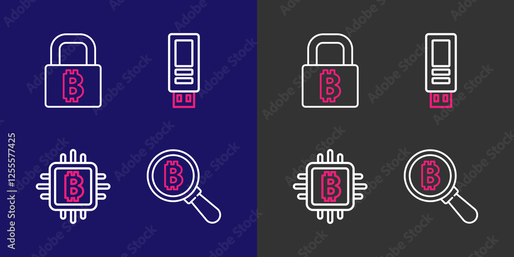 Poster set line magnifying glass with bitcoin, cpu mining farm, usb flash drive and lock bitcoin icon. vect