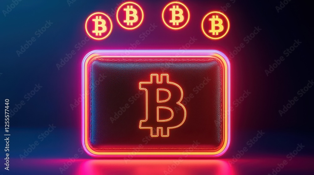 Poster a neon wallet with a glowing bitcoin symbol, surrounded by floating bitcoin icons, representing digi