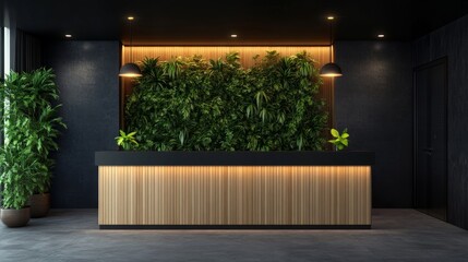 Modern reception space with a wooden desk, dark walls, and soft golden illumination highlighting greenery