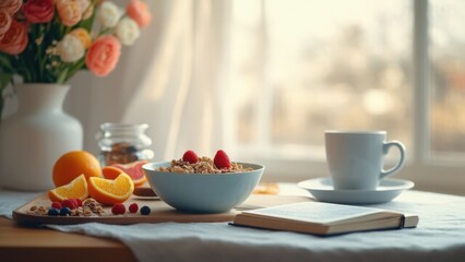 Cozy Breakfast Scene with Coffee and Fresh Fruit