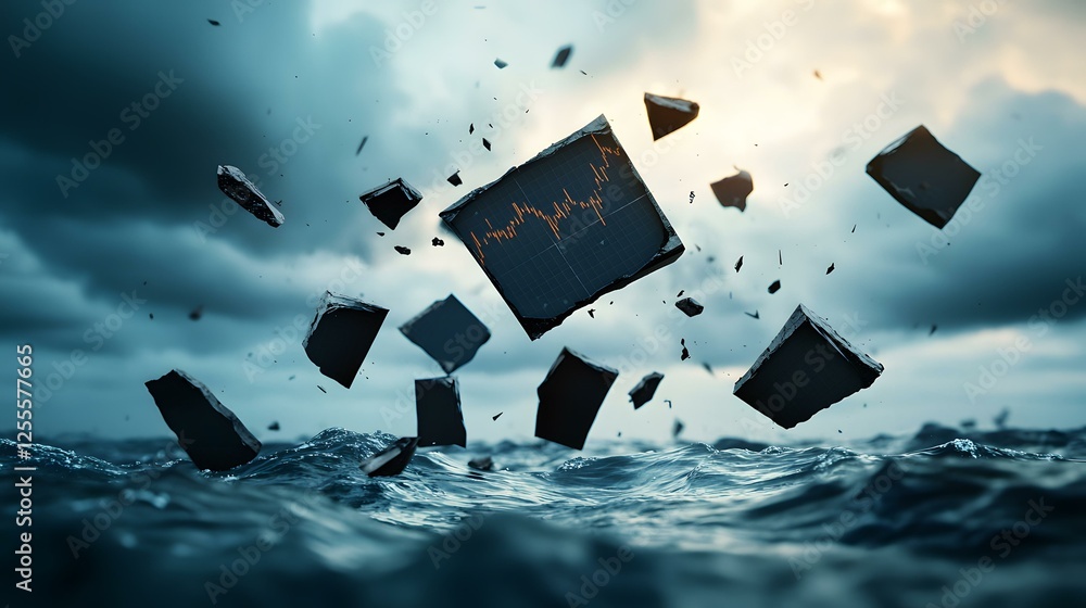 Poster a dark, stormy sea is shown with several dark, square blocks falling into the water. one of the bloc