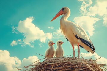 Fototapeta premium Stork Family Nest Sky