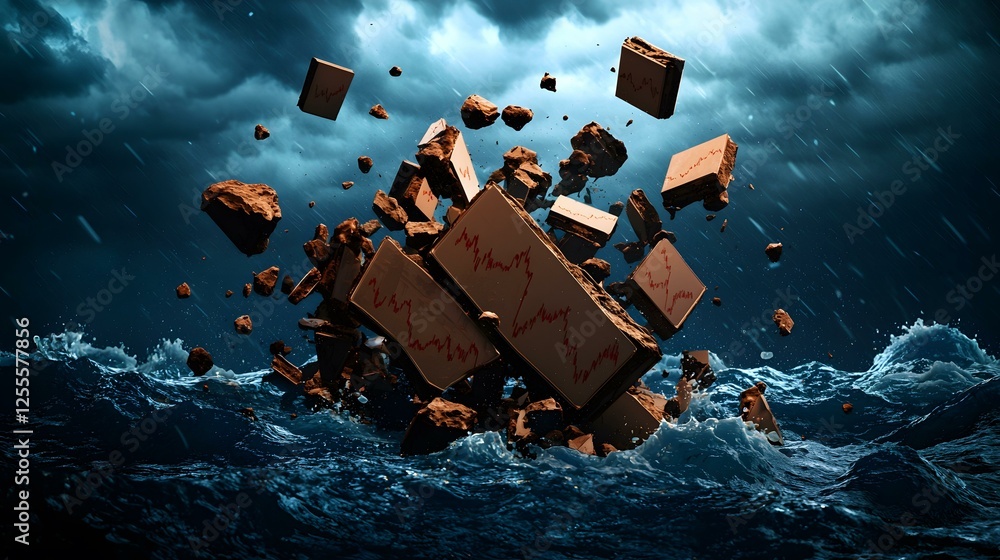 Aufkleber the image depicts numerous brown, rectangular blocks, some intact and some shattered, falling into a