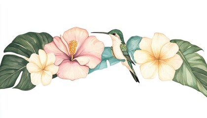 Vibrant hummingbird perched amidst tropical flowers and lush foliage