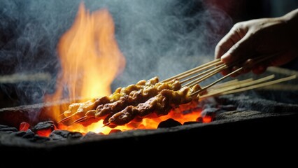 Close-up of Skewers Cooking Over a Fire