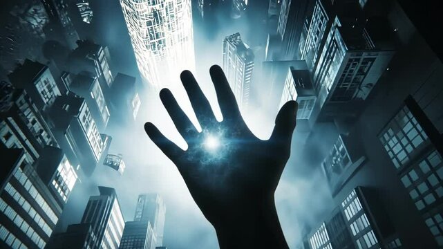 A ghostly hand reaching toward a glowing highrise fingers stretching out in desperation representing the unattainable dreams of those in poverty.