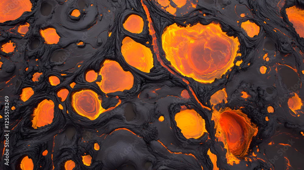 Poster close up of black and orange abstract substance with textured surface details and patterns