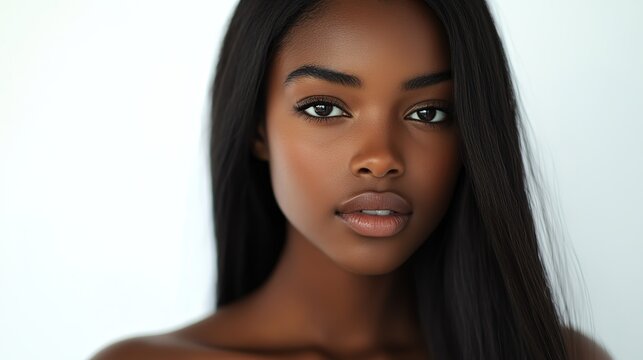 pretty black African woman with radiant flawless skin, facial and skincare  beauty industrial model portrait on soft light background
