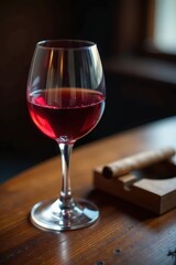 Crystal glass of red wine on rich wood table, cigar ashtray nearby, texture, ambiance, ashtray
